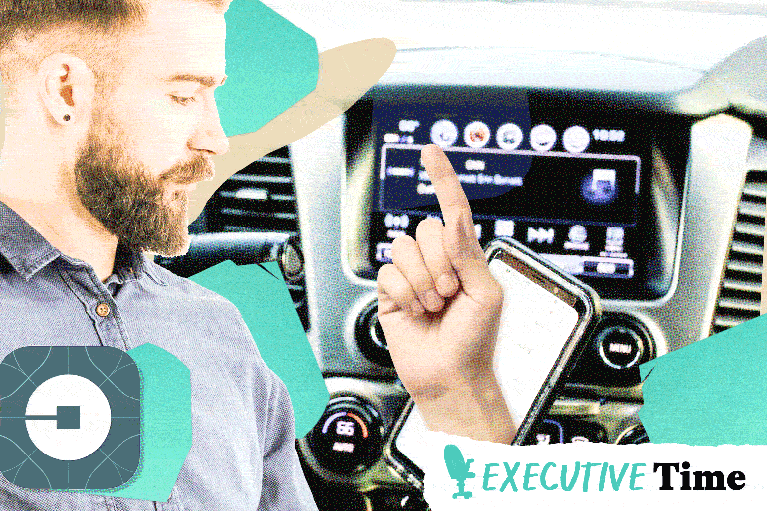 GIF: A man looks at a smartphone and dashboard as a disembodied finger wags at him.